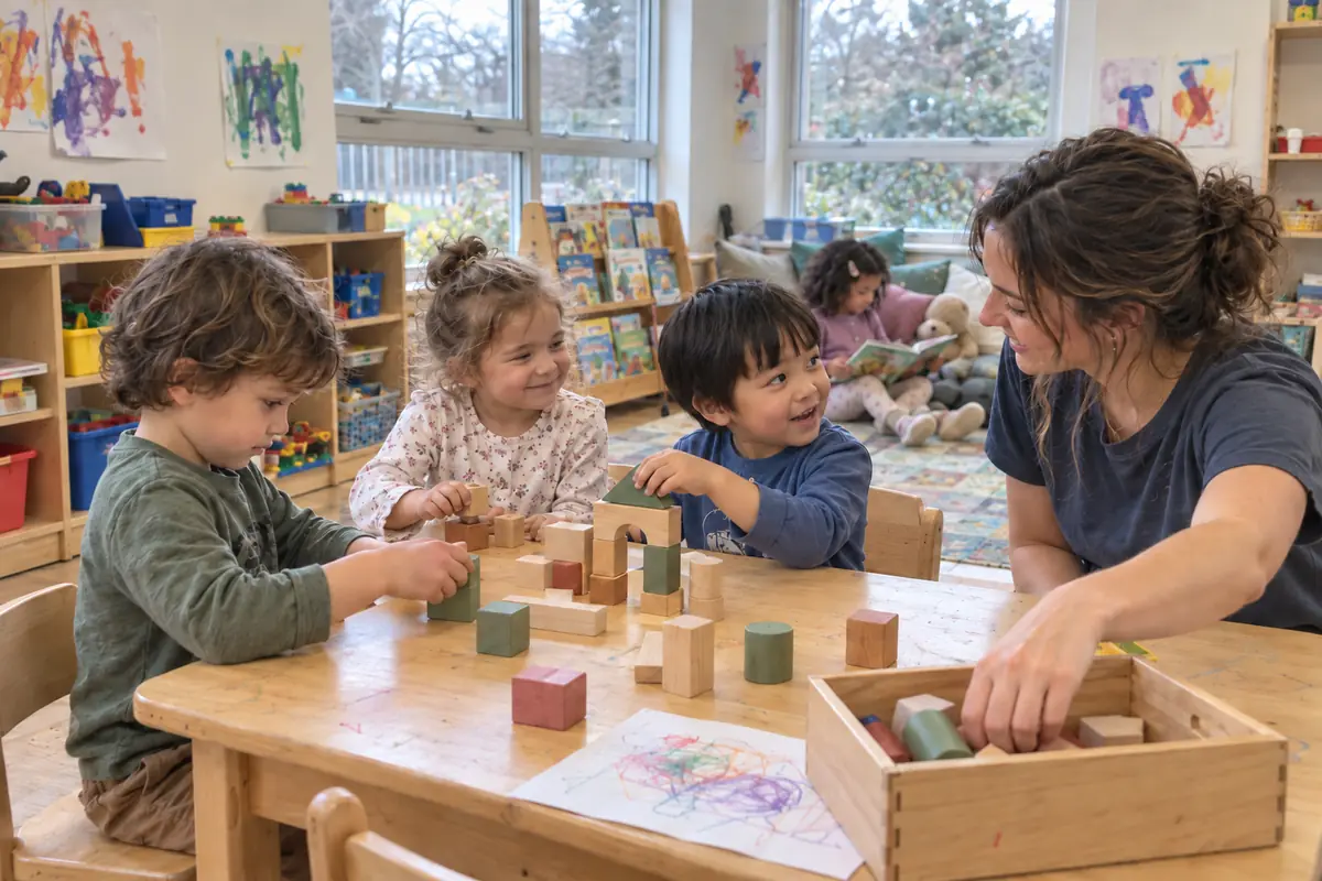 Children building with wooden blocks alongside a teacher in a bright classroom