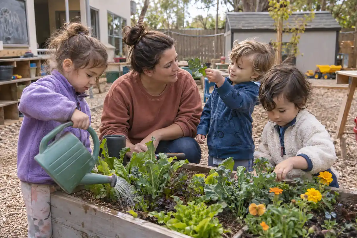An educator and children exploring plants together in a daycare garden