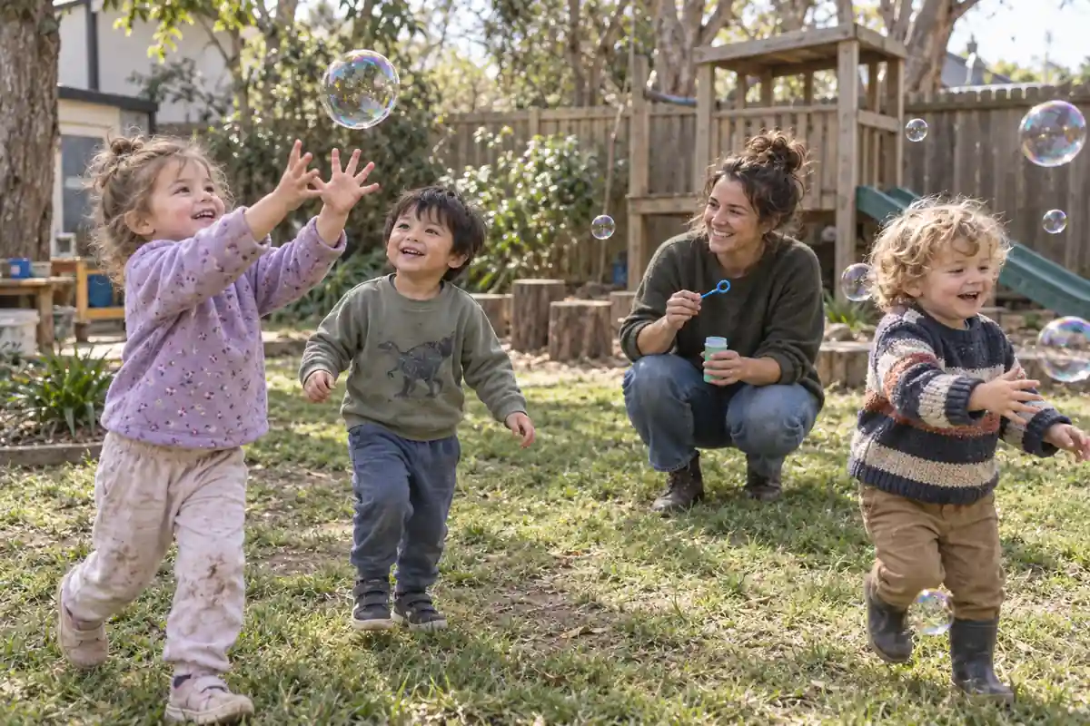 Children chasing bubbles with an educator in a leafy daycare garden