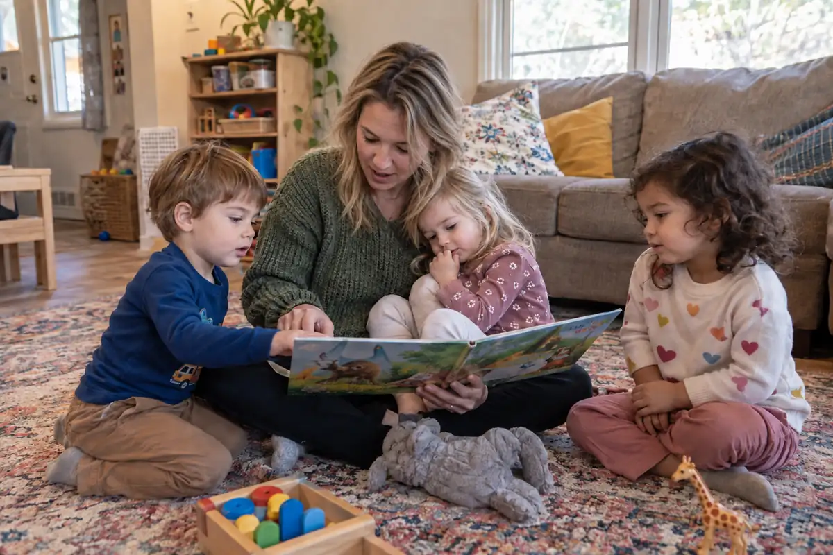 A caregiver reading with children in a comfortable home daycare