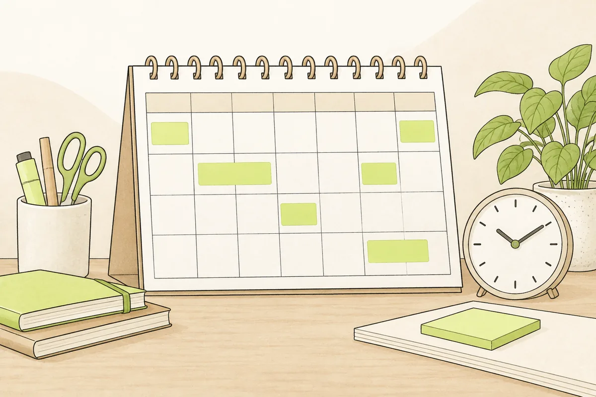 Illustration of a calendar with scheduled event blocks and an analog clock