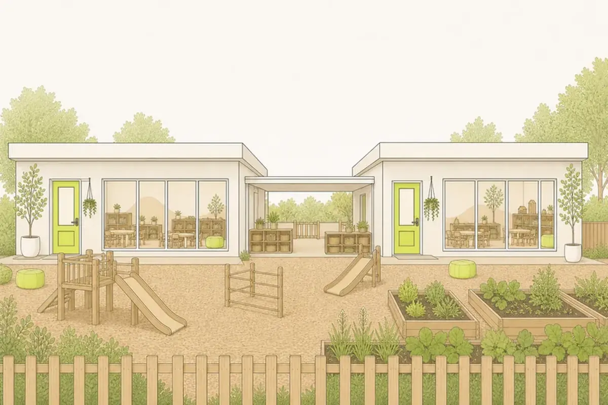 Illustrated childcare campus with connected buildings and a play yard