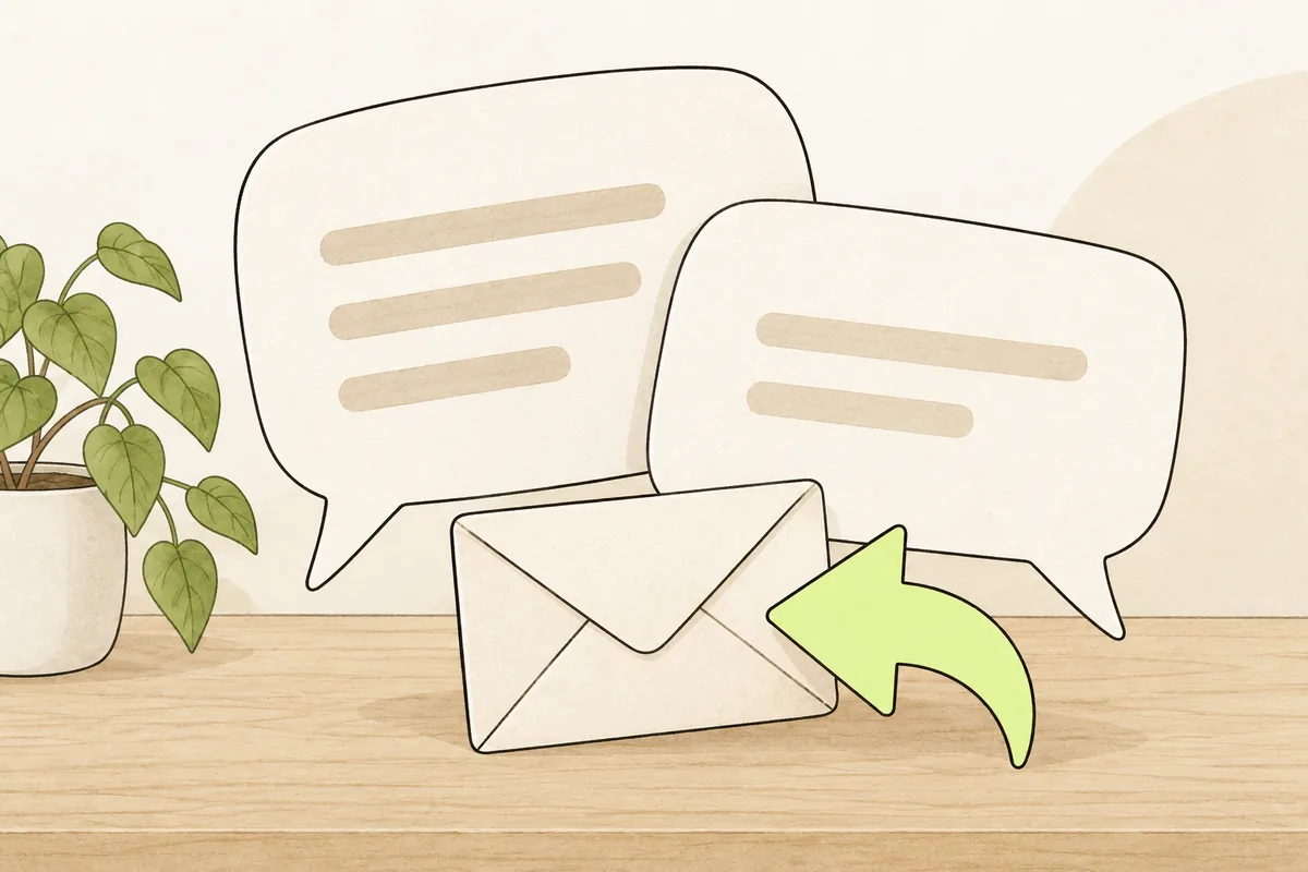Illustration of conversation bubbles, an envelope, and a reply arrow