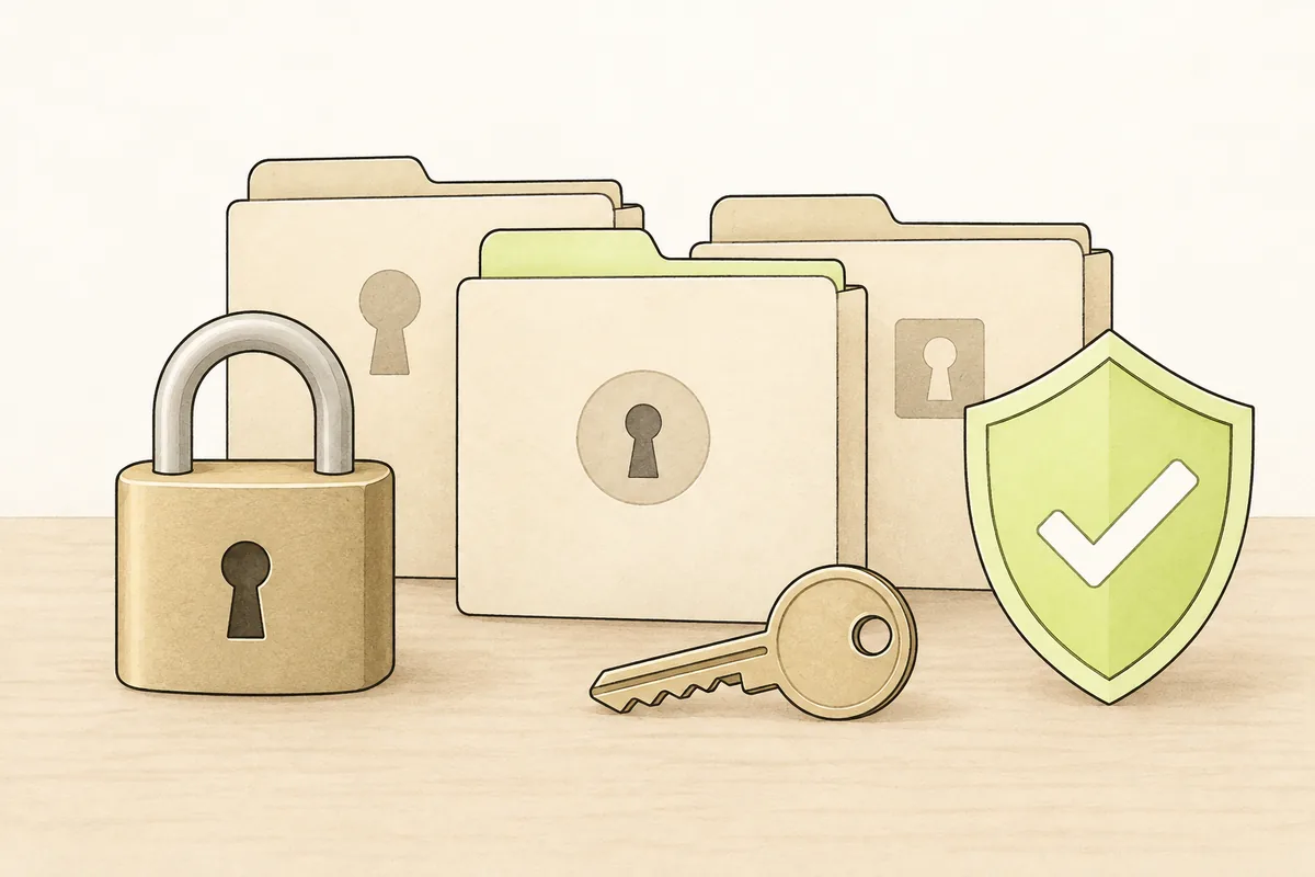 Illustration of protected record folders, a key, and an access-control lock