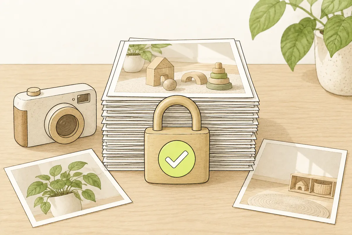 Illustration of a camera and classroom photographs protected by a consent lock