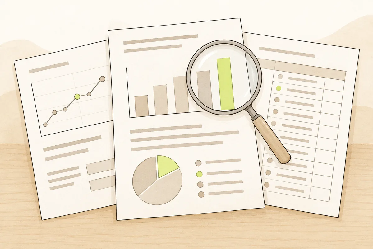 Illustration of report charts and a magnifying glass for reviewing trends