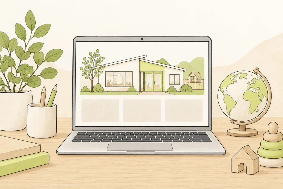 Illustration of a laptop displaying a childcare website beside a globe