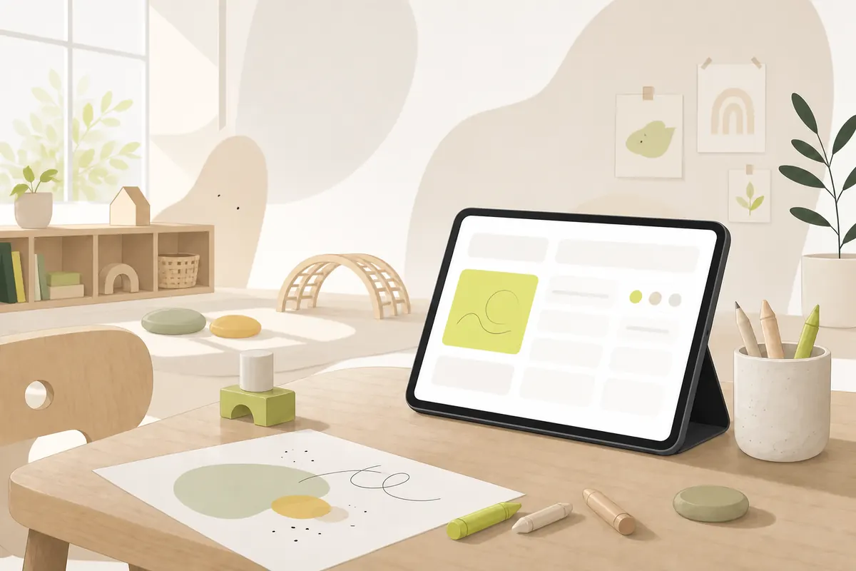 Quiet classroom table with a tablet showing a simple abstract Ashby-style interface — no children shown