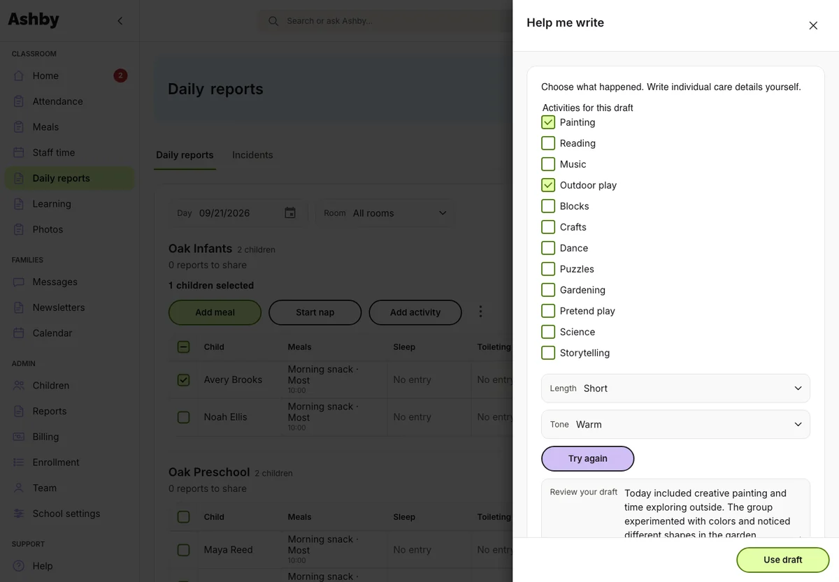 Ashby AI drafting controls for a teacher to review a daily update