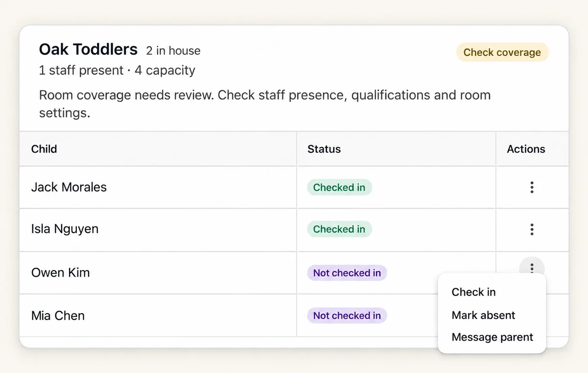 Oak Toddlers attendance with one staff member present, two children checked in, and the Check in, Mark absent, and Message parent action menu open