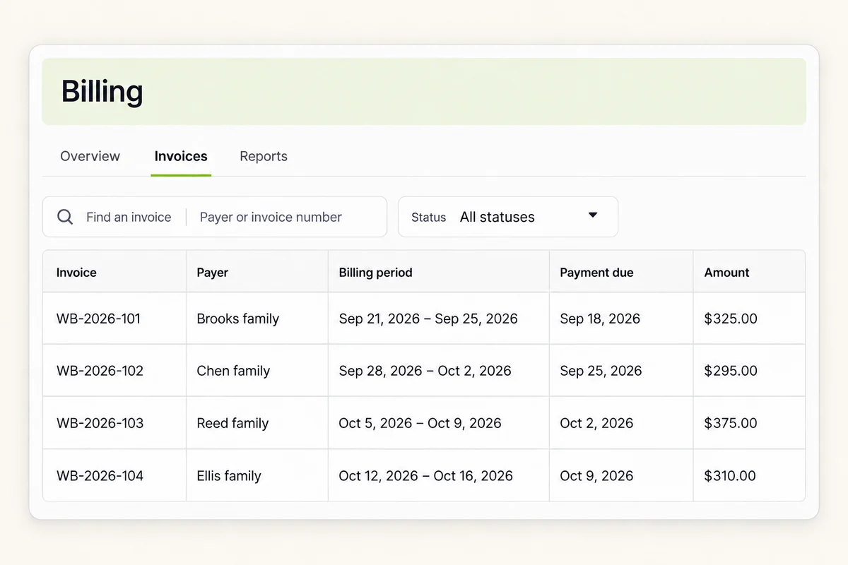 Ashby billing invoices with varied tuition amounts, billing periods, and payment due dates