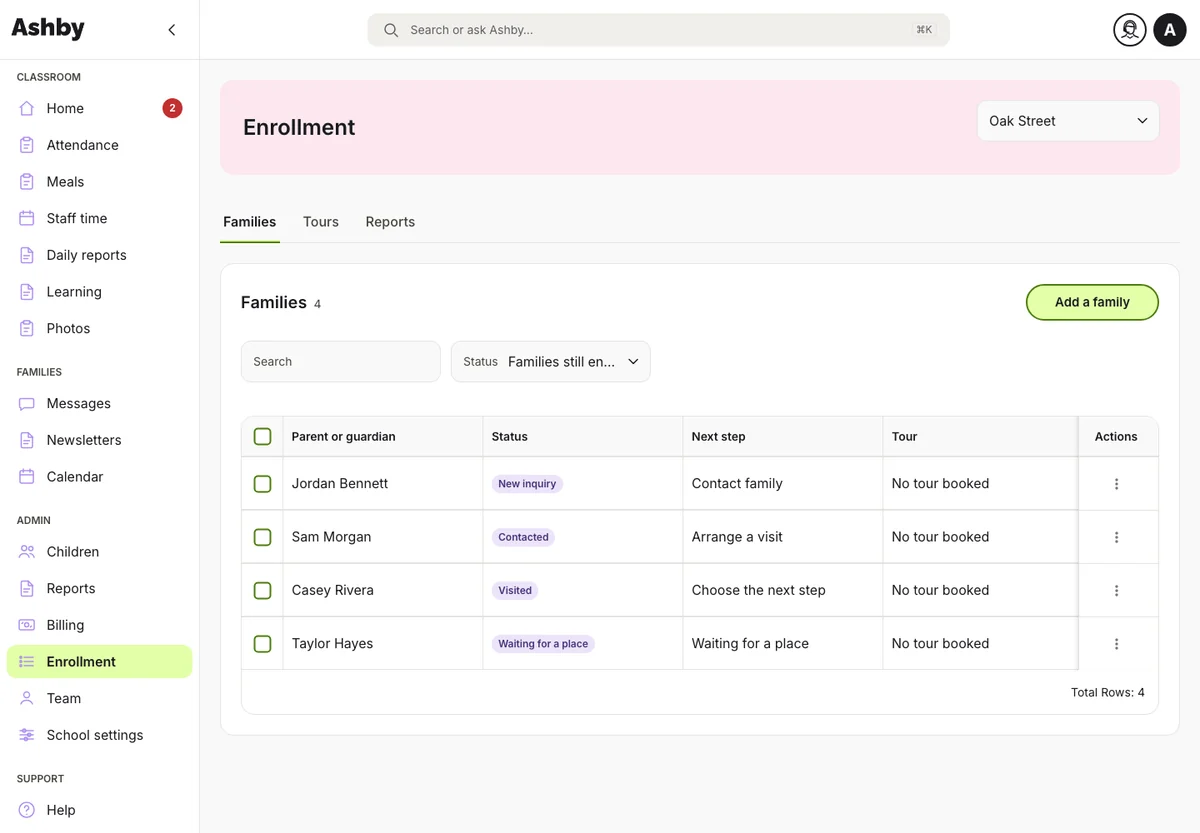 Ashby enrollment showing family inquiries and their next steps