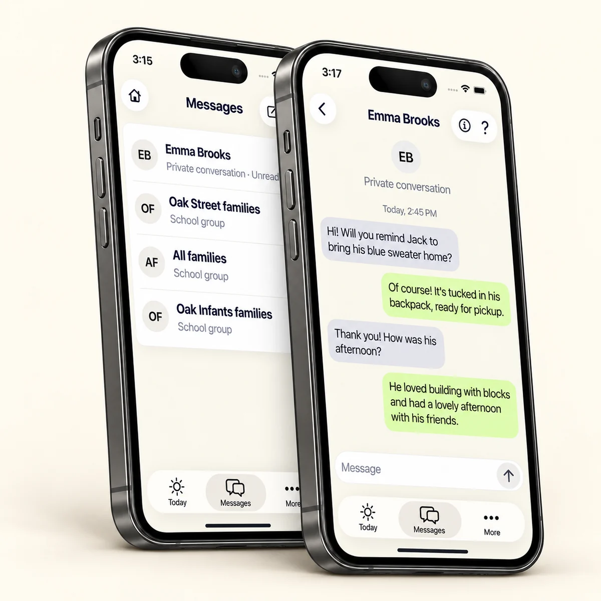 Two iPhones showing the Ashby inbox and a parent–teacher conversation about pickup and a child’s afternoon