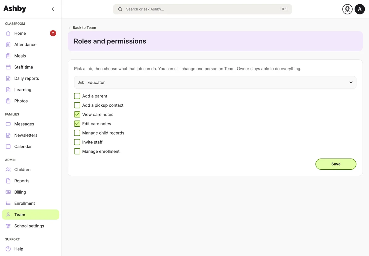 Ashby role permissions showing which school tasks each role can access