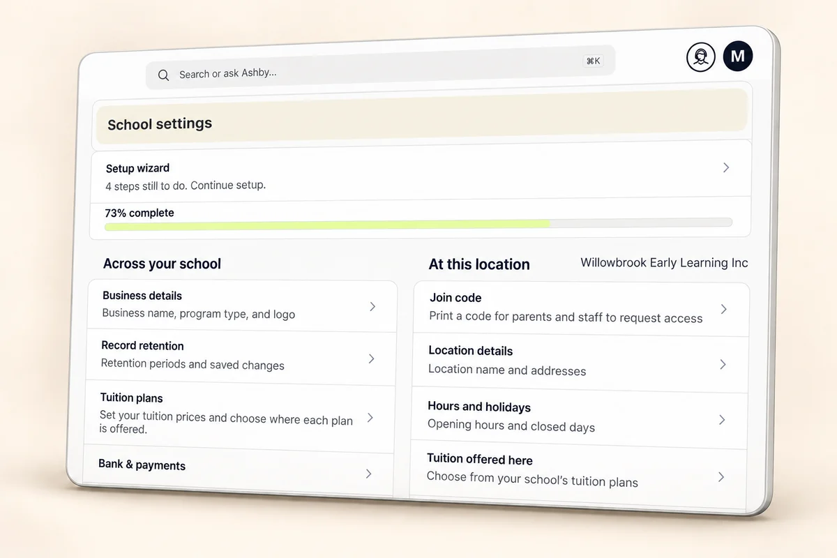 Ashby school setup showing setup progress, school settings, and location settings in an angled panel