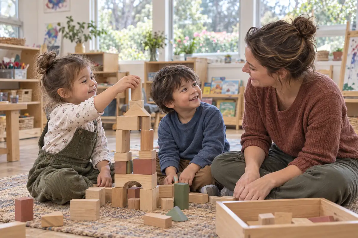 A teacher sharing a joyful moment with children building a wooden block tower in a sunlit classroom